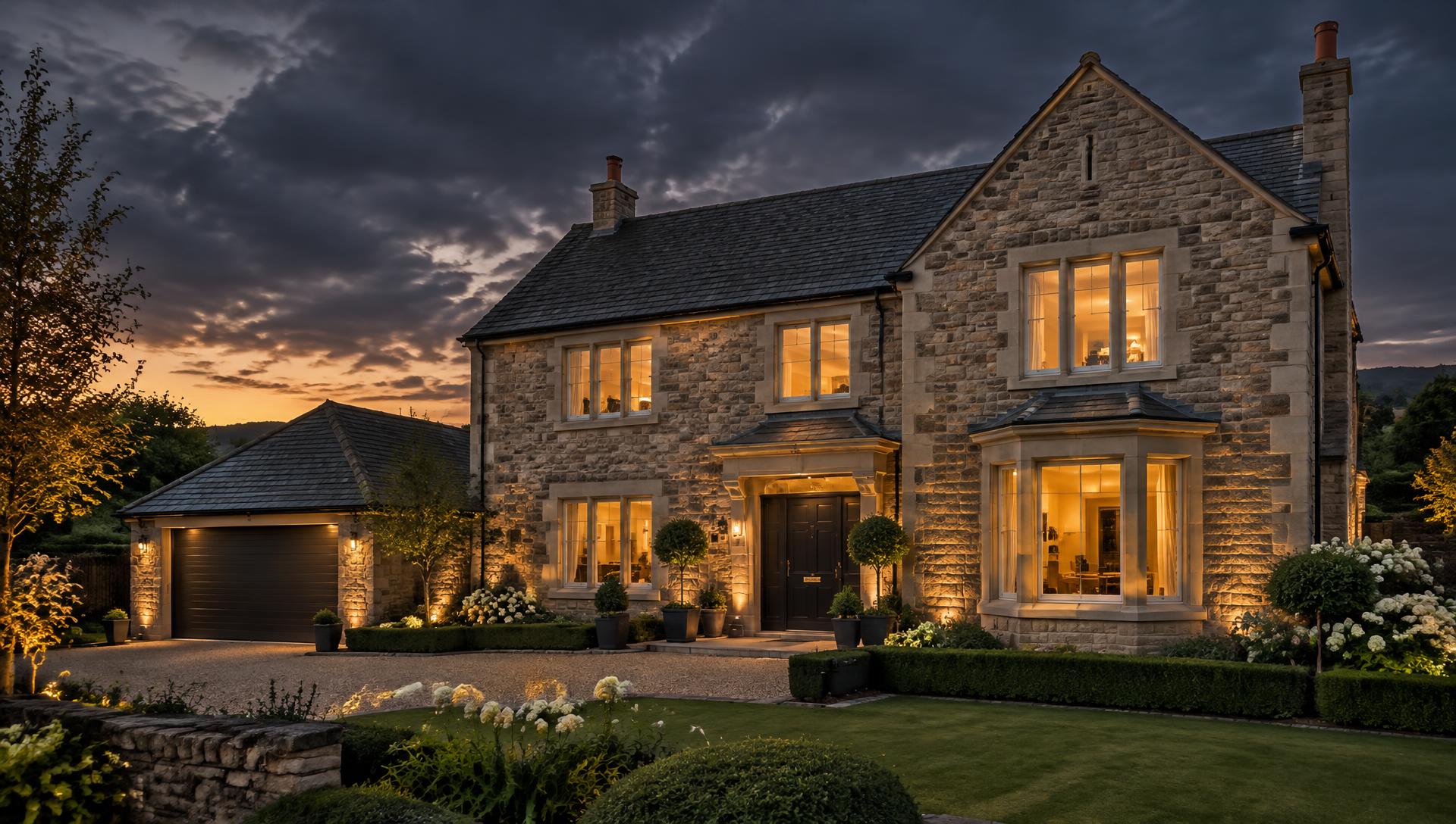Stone detached family home in Cumbria lit warmly at dusk